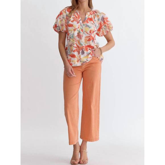 NEW ENTRO floral print bubble sleeve blouse in peaches and cream - Picture 5 of 5